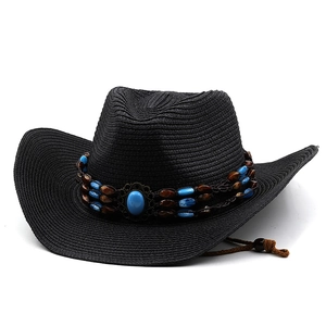 Detail of black woven cowboy hat with bead trim, turquoise stone and brown wind cord