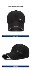 Detail of black baseball cap with reflective brim edge and side logo branding