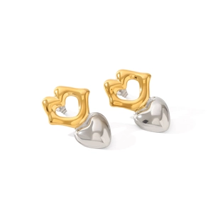 Eleganti orecchini a lobo a cuore bicolore oro e argento in acciaio inossidabile da donna