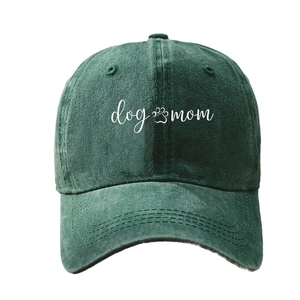 Retro dark green washed cotton baseball cap featuring dog mom embroidery and paw print