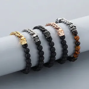 Skull Beaded Bracelet Stainless Steel Cuban Chain Lava Rock Tiger Eye Stone Punk Gothic Jewelry For Men