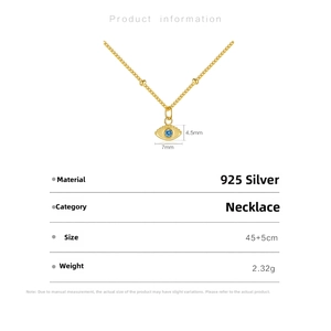 Detailed spec view of gold S925 silver Evil Eye necklace with blue stone dimensions