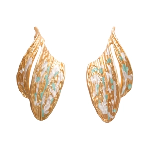 Golden irregular leaf earrings with white and turquoise enamel dots on white background