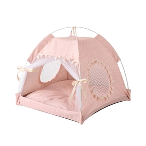 Pink floral pet tent with cooling mat for cats and small dogs, semi-enclosed breathable design