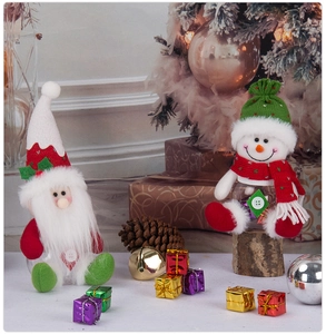 Detailed view of Santa and Snowman candy jars with plush fabric caps and clear bases