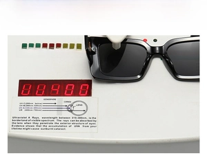 Detail showing square black sunglasses passing professional UV400 protection test on device