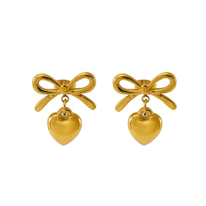 French style 18k gold heart bow earrings in stainless steel on white background