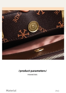 Detail view of brown PU leather handbag featuring magnetic closure and CKDE print