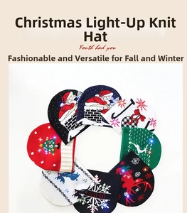 Collection of festive LED Christmas beanies featuring Santa, reindeer, and snowflakes