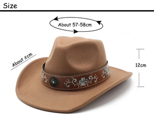 Detailed size chart of tan wool cowboy hat with embroidered leather band and metal buckle