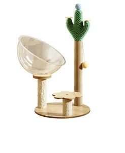 Detailed view of cactus cat tree with clear acrylic space capsule and natural sisal scratching post