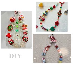 Detailed view of Christmas themed DIY beaded charms with Santa and lucky letter beads