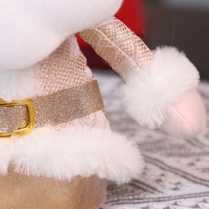 Detailed macro view of champagne gold glitter belt and white plush trim on Santa doll