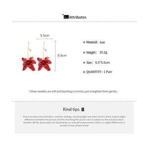 Detailed size and material specs for the red floral drop earrings with silver needle