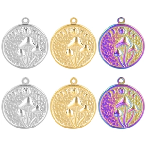 Vintage Stainless Steel Mushroom Sun Moon Pendant Necklace Retro Celestial Relief Round Plated Jewelry For Women Daily Party