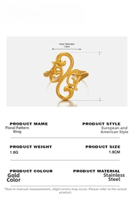 Detail specifications of hollow geometric pattern gold stainless steel ring with dimensions