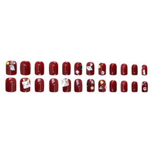 24-piece deep wine red press-on nails featuring colorful rhinestones and glitter sequins