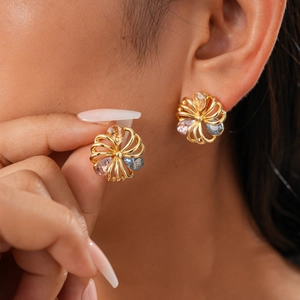 18K gold plated flower stud earrings with colorful cubic zirconia in a vintage style