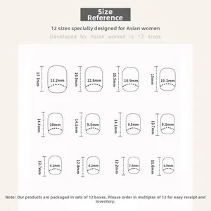 Size chart showing 12 different dimensions for press-on nails with length and width data