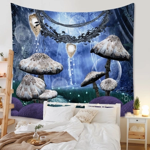 Close-up detail of the bohemian fantasy mushroom tapestry in a cozy bedroom setting