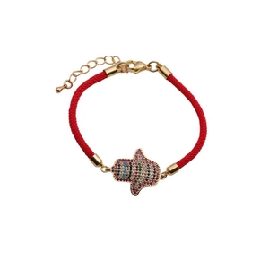 Red braided Hamsa Hand bracelet with gold Fatima pendant and colorful zircon inlay