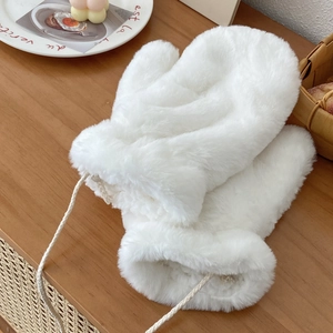 Plush white faux fur mittens for men and women featuring a practical hanging lanyard cord