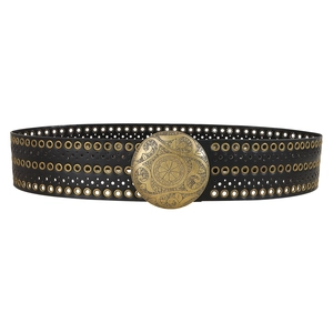 Breiter Boho Y2K Taillengürtel aus schwarzem PU-Leder mit floraler Bronzeschnalle und Ösen