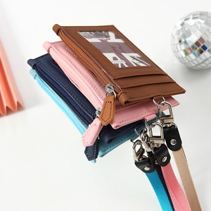 Minimalist PU leather neck lanyard card wallet in brown, pink, and blue with zipper pouch