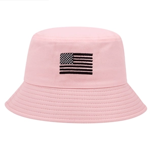 Pink cotton bucket hat with embroidered American flag, stylish outdoor summer sun protection
