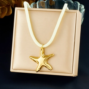 Collier Pendentif Étoile De Mer Acier Inoxydable Plaqué Or Avec Chaîne En Corde Tissée Blanc Crème Style Marin Pour Femme