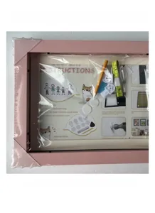 Detailed set of pink kids art frame with mounting accessories and pencil on white background