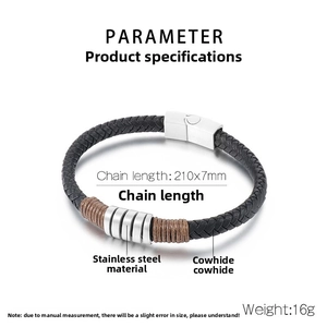 Close-up of woven black leather men's bracelet with stainless steel rings and 210mm size