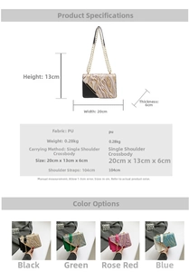 Detailed size chart for the PU leather crossbody bag showing dimensions and chain strap