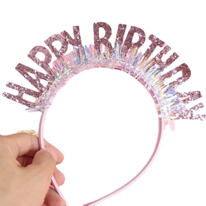 Pink glitter Happy Birthday headband with iridescent tassels for party cake decor