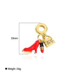 Detailed gold charms with red high heel, lipstick, and rhinestone bag for jewelry making
