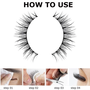 Step-by-step tutorial for applying reusable self-adhesive black false eyelashes on white background