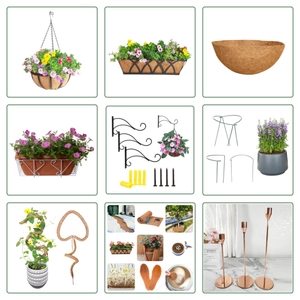 Collage of hanging coconut fiber planters, iron wall brackets and garden accessories