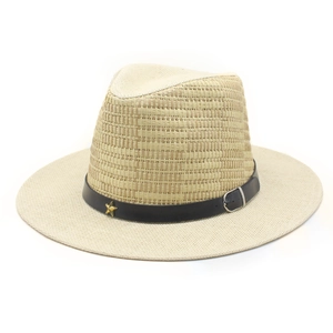 Beige woven straw cowboy hat with black leather band and gold star rivets for sun protection