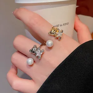Gold and silver adjustable bear rings with star zircon and white pearl for women