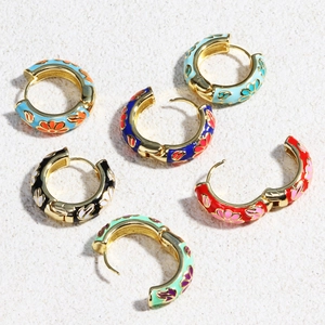 Chic gold-plated hoop earrings with colorful floral enamel patterns in multiple vibrant colors
