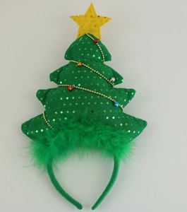 Detail view of a green Christmas tree headband with sequins, beads and feather trim