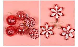 Detail of red and white glitter Christmas ornaments, baubles and snowflake hangers