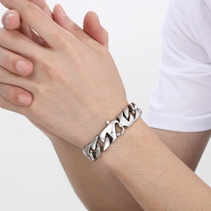 Classic silver stainless steel Cuban link bracelet for men with unique metal buckle