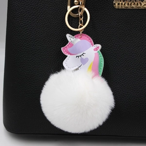 Cartoon Unicorn Faux Fur Ball Keychain Pendant For Women Artificial Fur PU Leather Alloy Pom Pom Key Ring Bag Charm Accessory