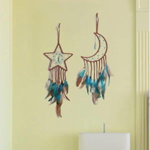Moon Star Dreamcatcher Wall Hanging Decor With Turquoise Pendant Feather Handmade Bohemian Home Bedroom Decoration