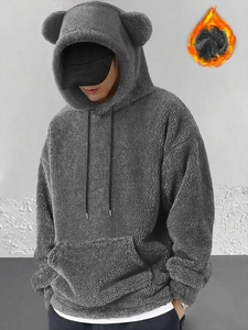 Grey men's teddy fleece hoodie with cute bear ears showing warm thick texture detail