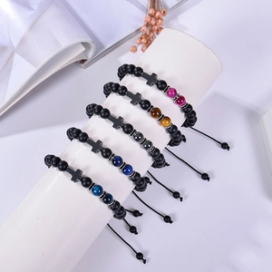 Set of 8mm matte black stone beaded bracelets with metal cross and adjustable cords