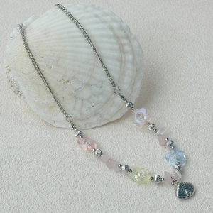 Sweet beaded necklace with colorful flower beads and silver shell pendant on conch