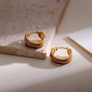 French vintage double-layered enamel hoop earrings in gold with brown stitching detail