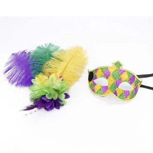 Detail of sequined checkered masquerade mask with purple, green, and gold feathers